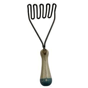 Vintage Large Vegetable Potato Masher Blue White Wooden Handle 9.75”